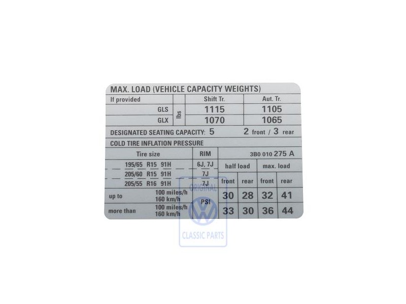 Genuine VW Data Plate For Tyre Pressure - 3B0010275A