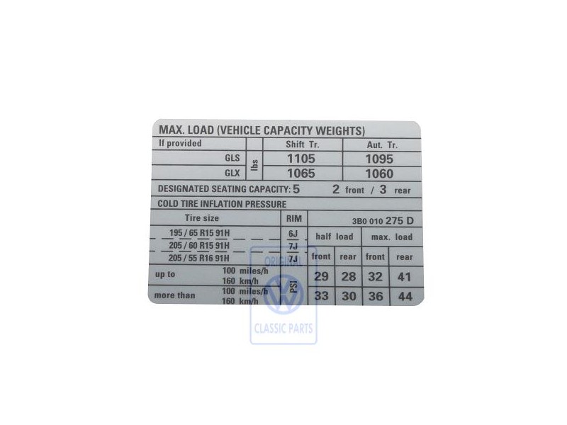 Genuine VW Data Plate For Tyre Pressure - 3B0010275D