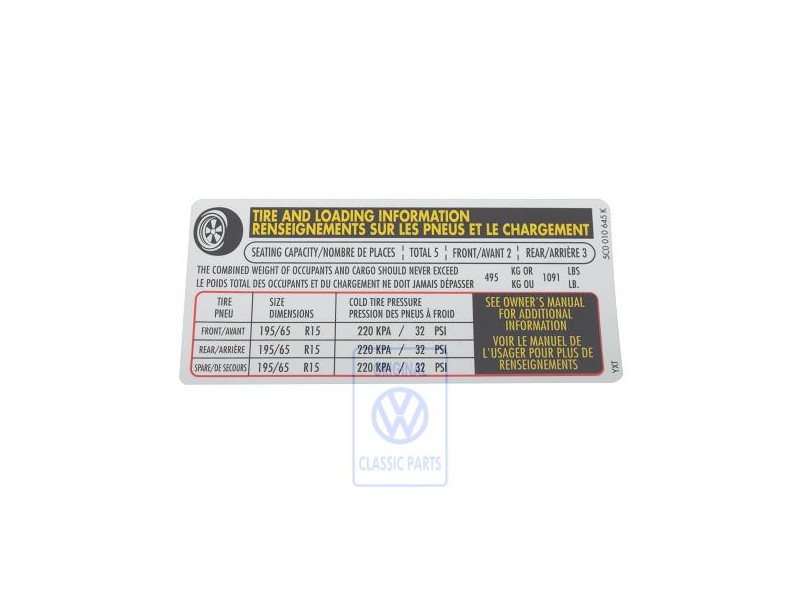 Genuine VW Data Plate For Tyre Pressure - 5C0010645K