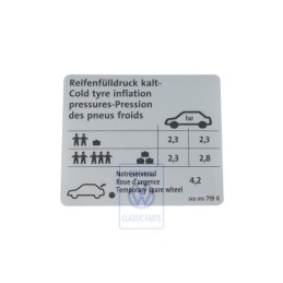 Genuine VW Data Plate For Tyre Pressure - 5K0010719K