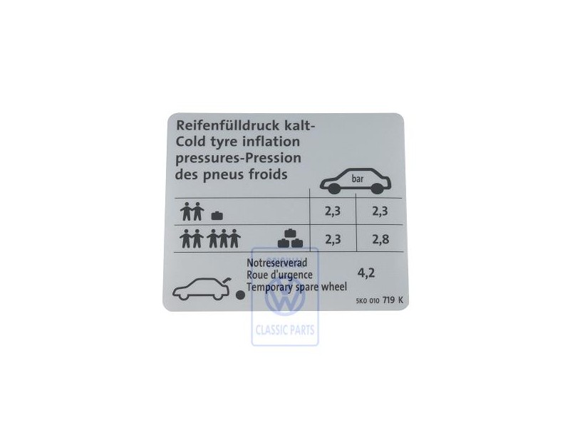 Genuine VW Data Plate For Tyre Pressure - 5K0010719K