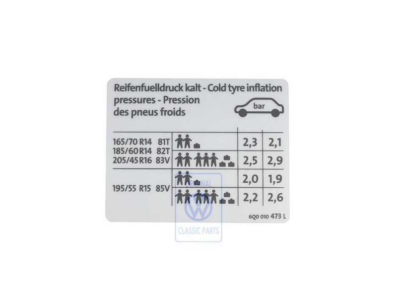 Genuine VW Data Plate For Tyre Pressure - 6Q0010473L