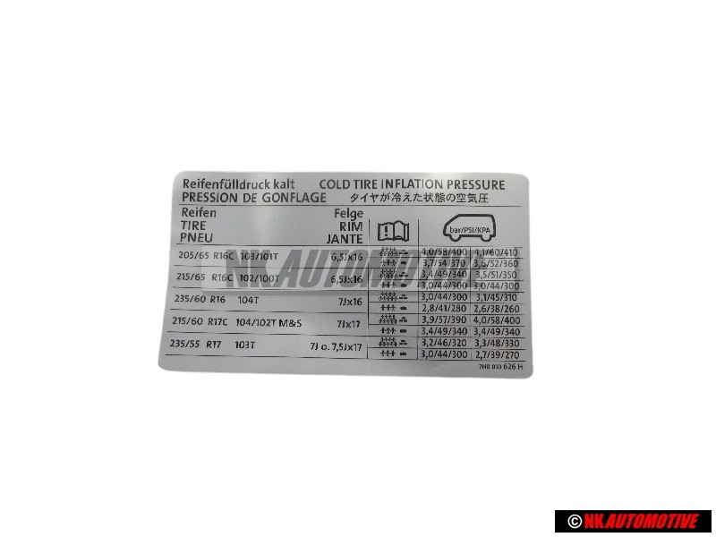 Genuine VW Data Plate For Tyre Pressure - 7H0010626H