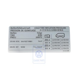 Genuine VW Data Plate For Tyre Pressure - 7H0010628