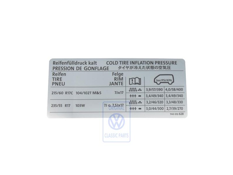 Genuine VW Data Plate For Tyre Pressure - 7H0010628