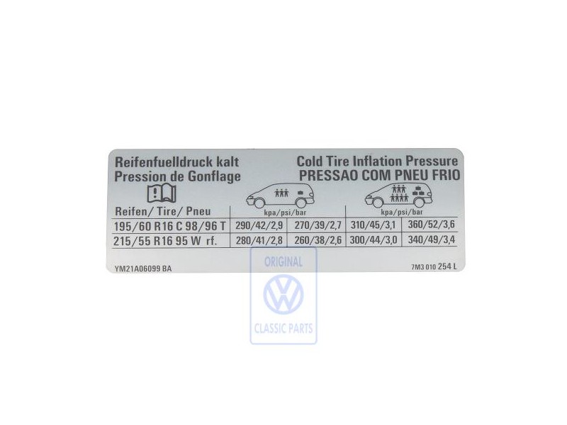 Genuine VW Data Plate For Tyre Pressure - 7M3010254L