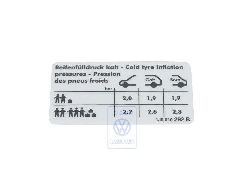 Genuine VW Data Plate For Tyre Pressure - 1J0010292B