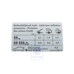 Genuine VW Data Plate For Tyre Pressure - 1J0010292H