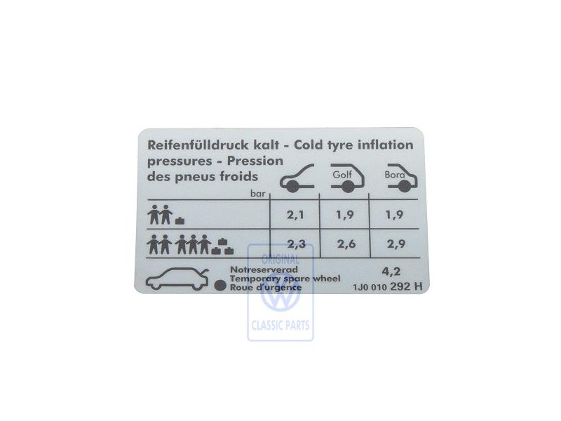 Genuine VW Data Plate For Tyre Pressure - 1J0010292H