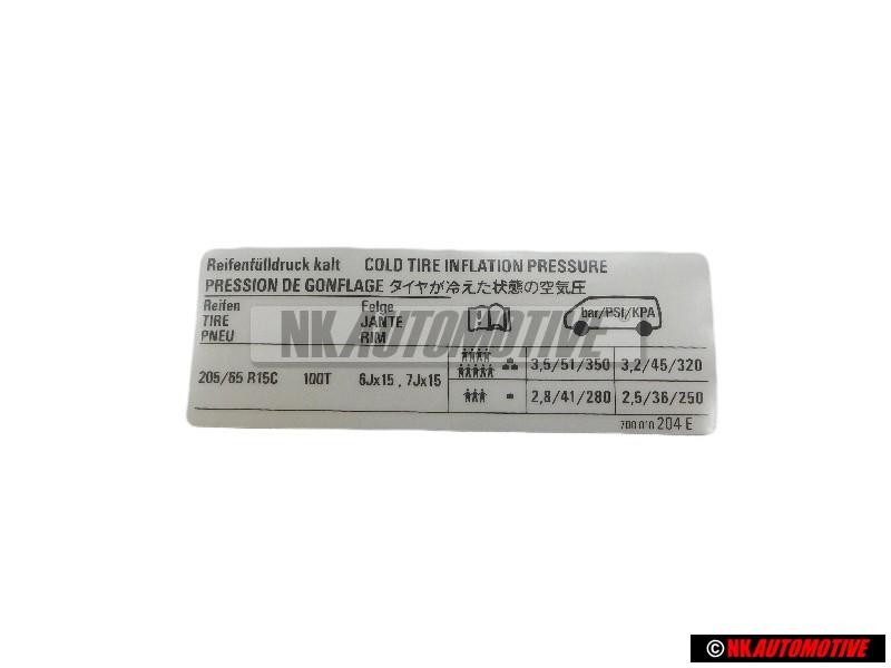 Genuine VW Data Plate For Tyre Pressure - 7D0010204E