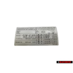 Genuine VW Data Plate For Tyre Pressure - 7D0010266P