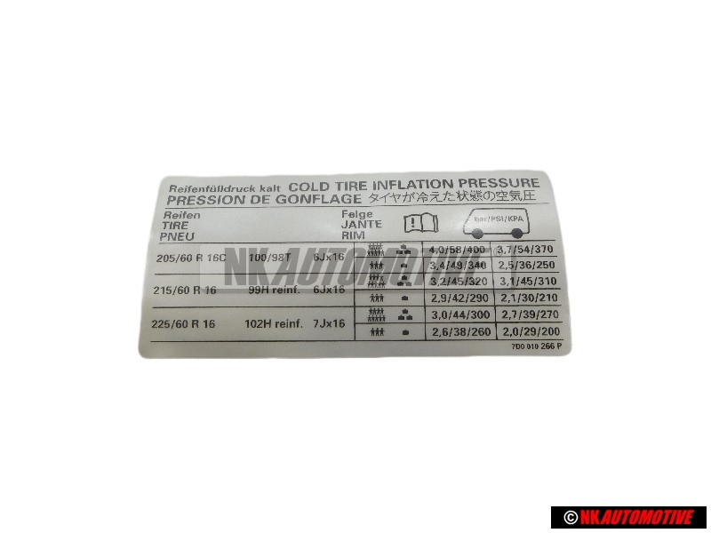Genuine VW Data Plate For Tyre Pressure - 7D0010266P