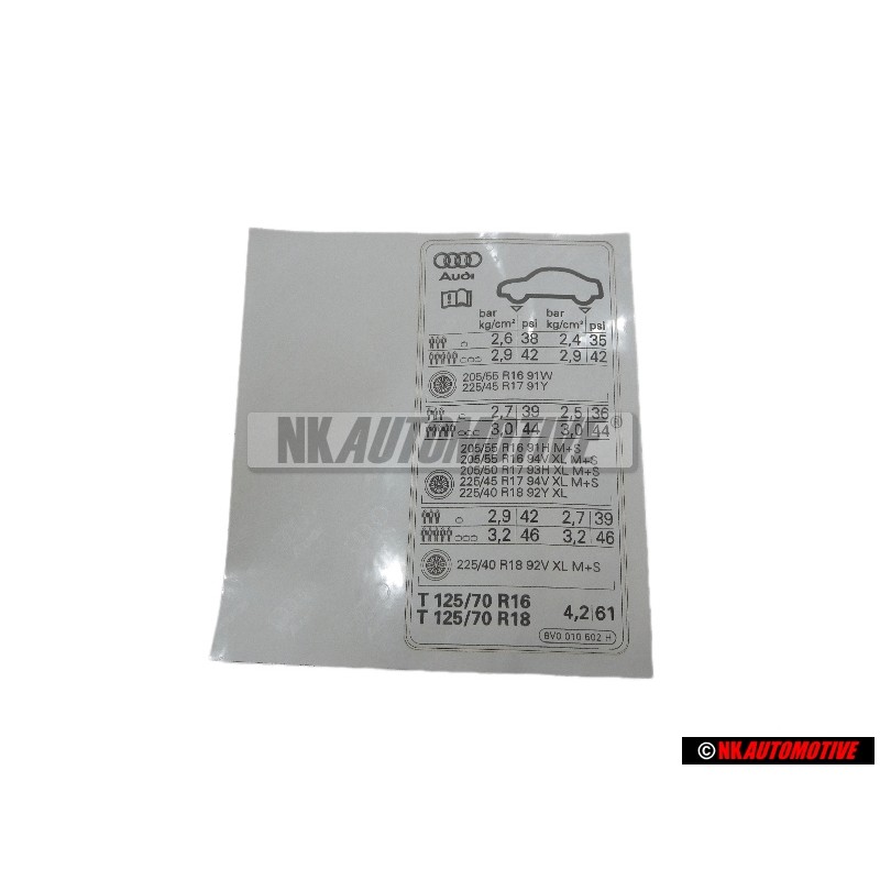 Genuine Audi Data Plate For Tyre Pressure - 8V0010502H