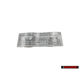 Genuine VW Data Plate Tyre Pressure Cold - 701010082M