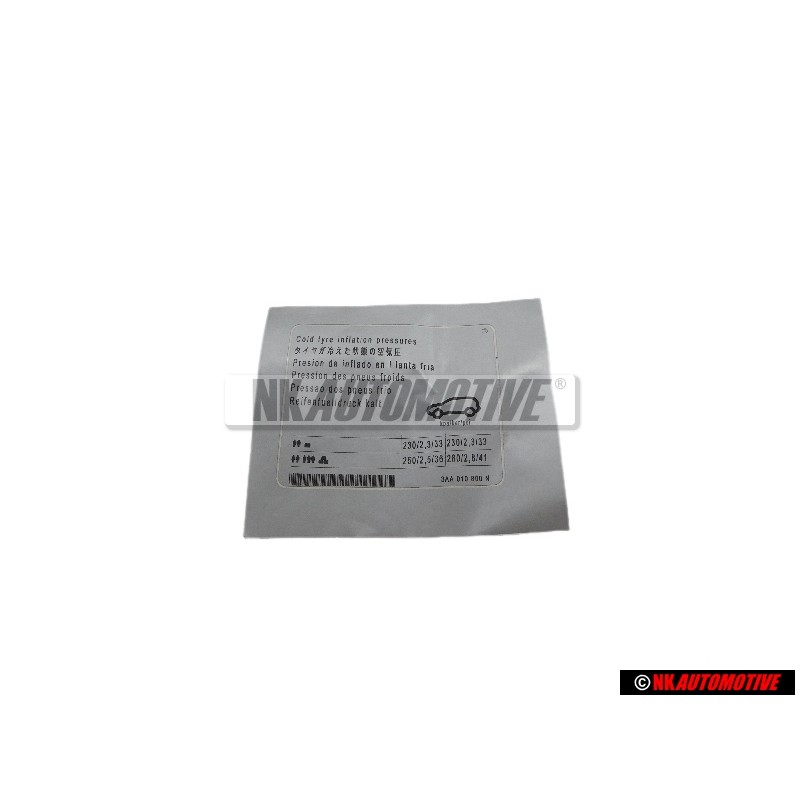 Genuine VW Data Plate For Tyre Pressure - 3AA010800N