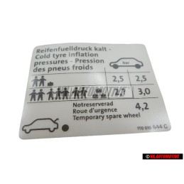 Genuine VW Data Plate For Tyre Pressure - 1T0010644G