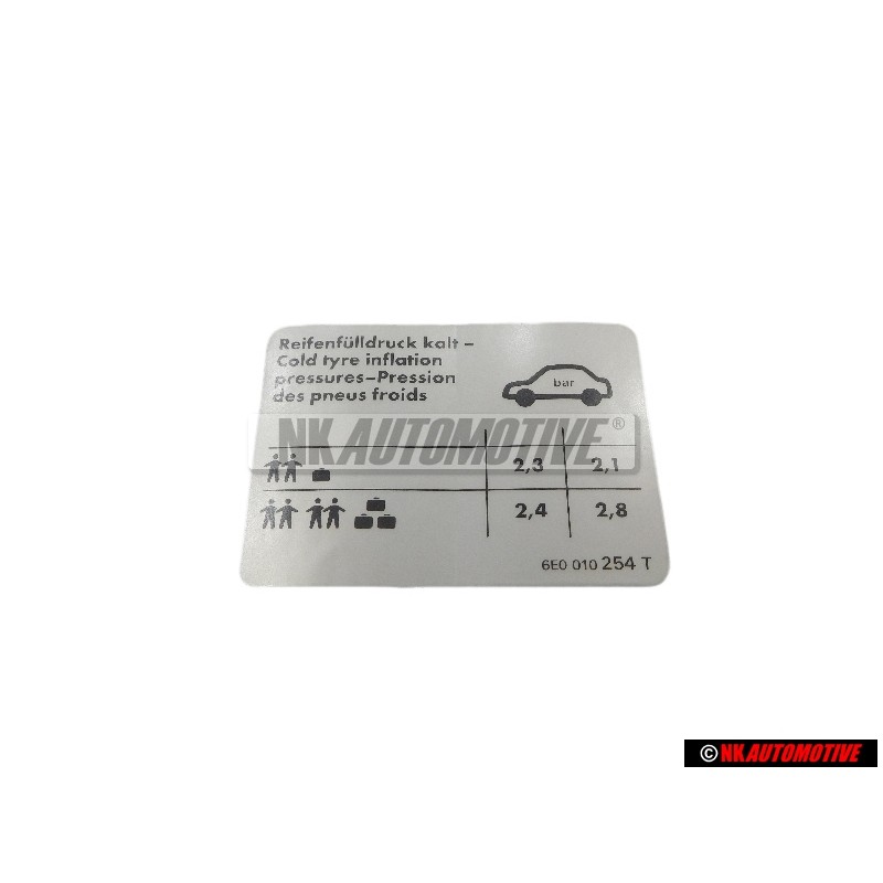 Genuine VW Data Plate For Tyre Pressure - 6E0010254T
