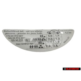 Genuine VW Data Plate For Tyre Pressure - 6N0010267