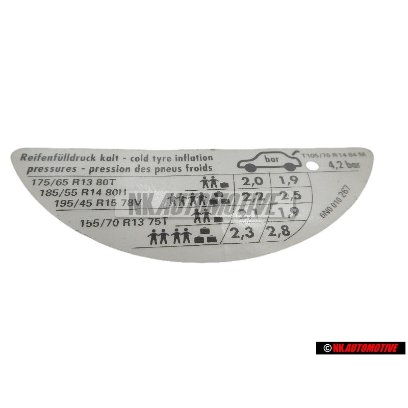 Genuine VW Data Plate For Tyre Pressure - 6N0010267