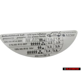 Genuine VW Data Plate For Tyre Pressure - 6N0010281K