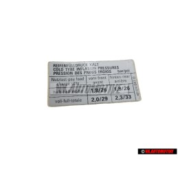 Genuine VW Data Plate For Tyre Pressure - 867010041Q