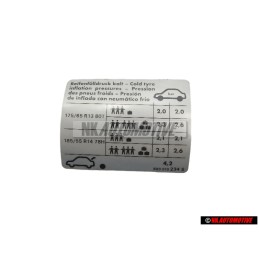 Genuine VW Data Plate Tyre Pressure Cold - 6X0010234S