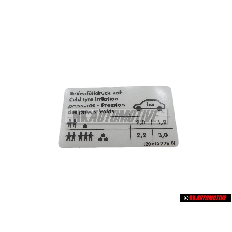 Genuine VW Data Plate For Tyre Pressure - 3B0010275N