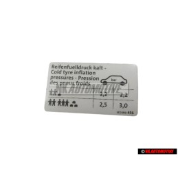 Genuine VW Data Plate For Tyre Pressure - 3C0010456
