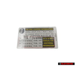 Genuine VW Data Plate For Tyre Pressure - 3C0010603T