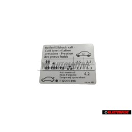 Genuine VW Data Plate Tyre Pressure Cold - 1T0010343J