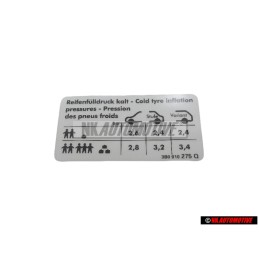 Genuine VW Data Plate For Tyre Pressure - 3B0010275Q