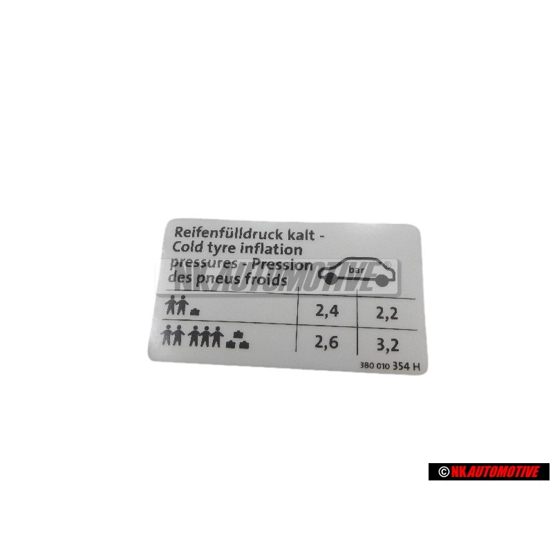 Genuine VW Data Plate For Tyre Pressure - 3B0010354H