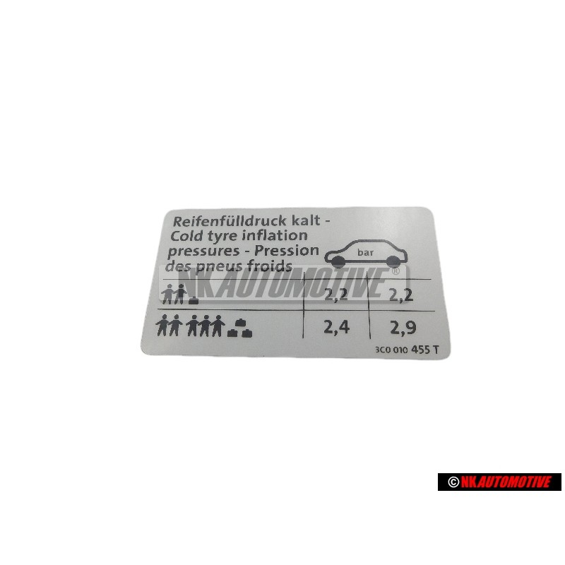 Genuine VW Data Plate For Tyre Pressure - 3C0010455T