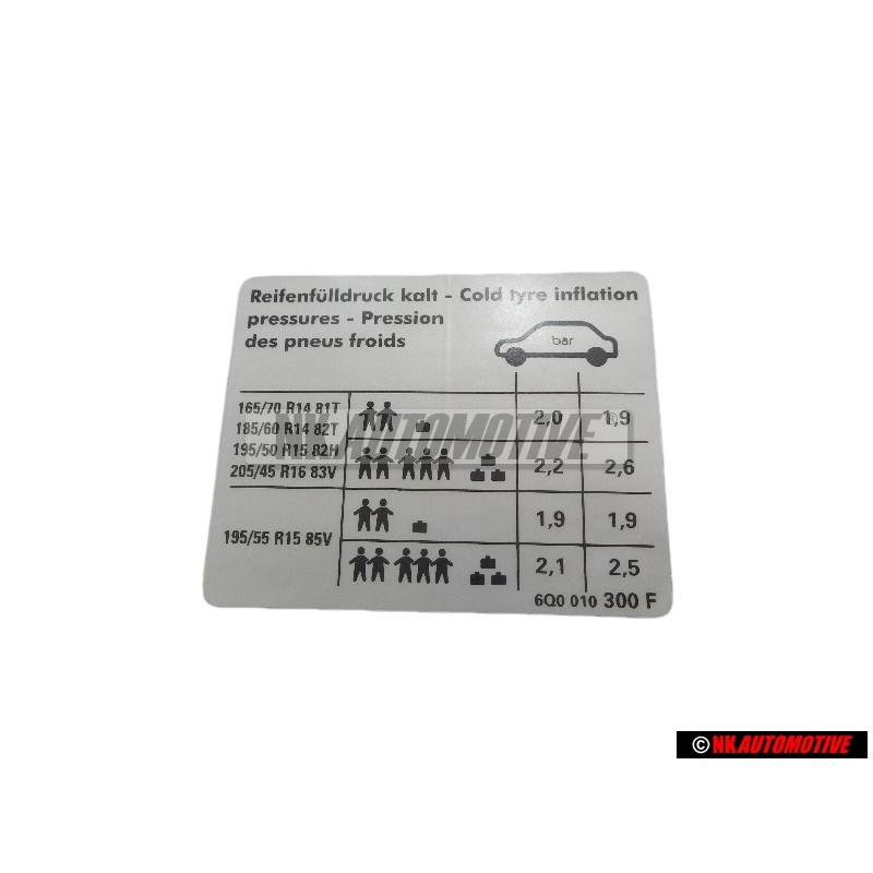 Genuine VW Data Plate For Tyre Pressure - 6Q0010300F
