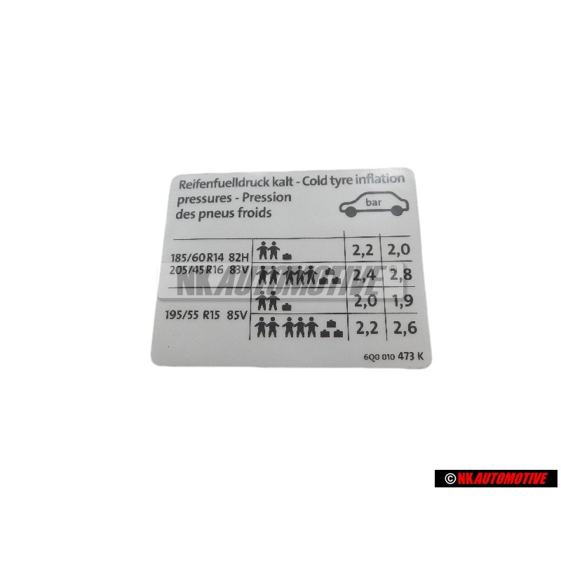 Genuine VW Data Plate For Tyre Pressure - 6Q0010473K