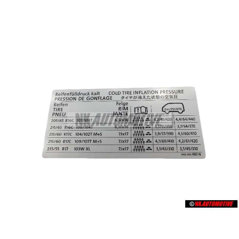 Genuine VW Data Plate For Tyre Pressure - 7H0010483N