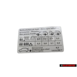 Genuine VW Data Plate For Tyre Pressure - 1J0010292T