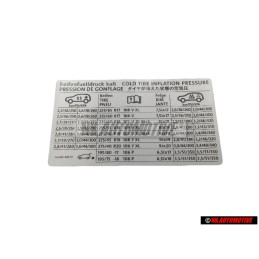 Genuine VW Data Plate For Tyre Pressure - 7L6010443H