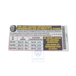 Genuine VW Data Plate For Tyre Pressure - 1K0010658F