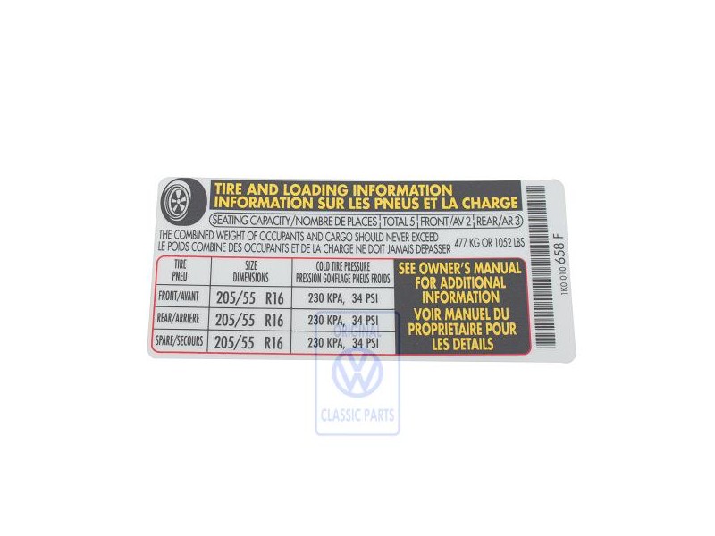 Genuine VW Data Plate For Tyre Pressure - 1K0010658F