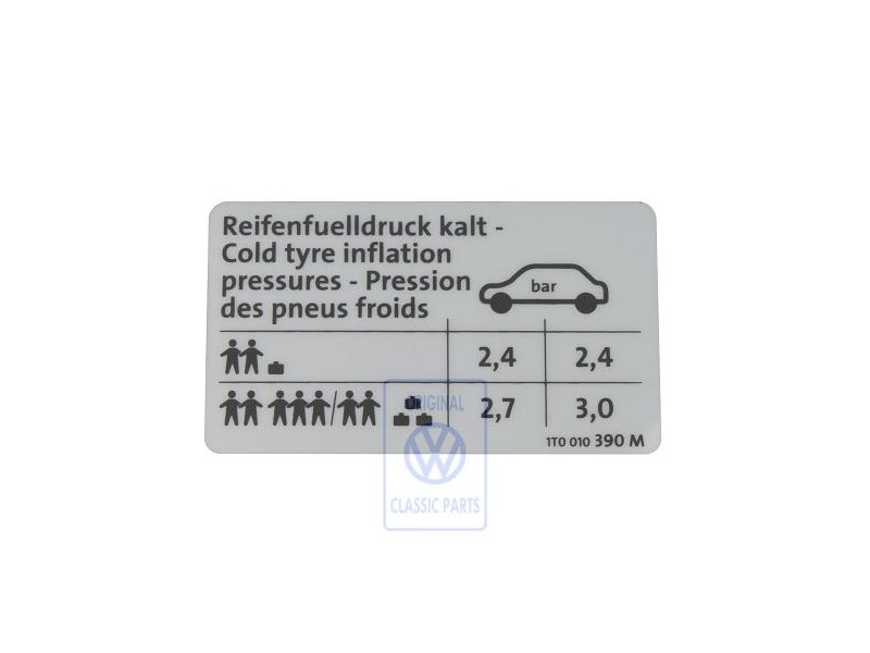 Genuine VW Data Plate For Tyre Pressure - 1T0010390M