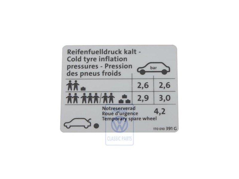 Genuine VW Data Plate For Tyre Pressure - 1T0010391G