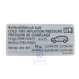 Genuine VW Data Plate For Tyre Pressure - 2K0010689L